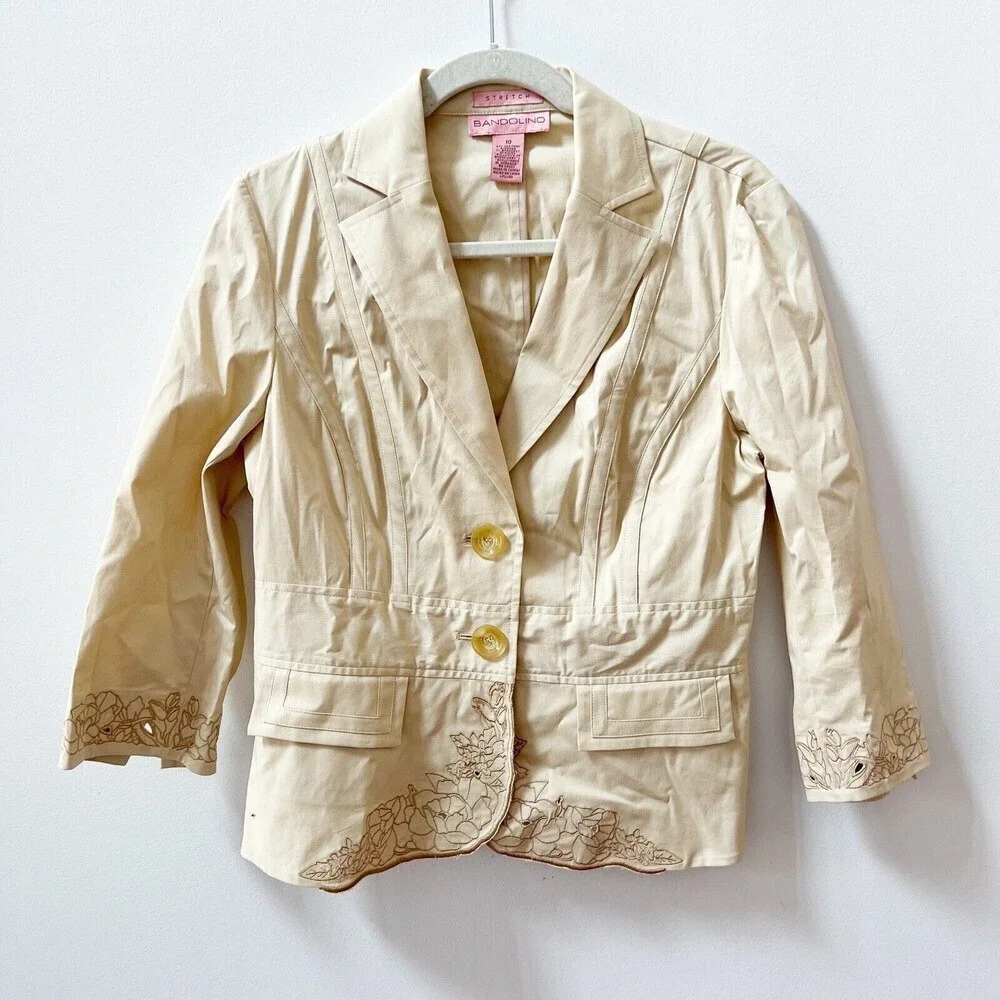 Vtg Y2K Bandolino Womens Beige Embroidered Cut-Out Blazer Sz 10 Stretch